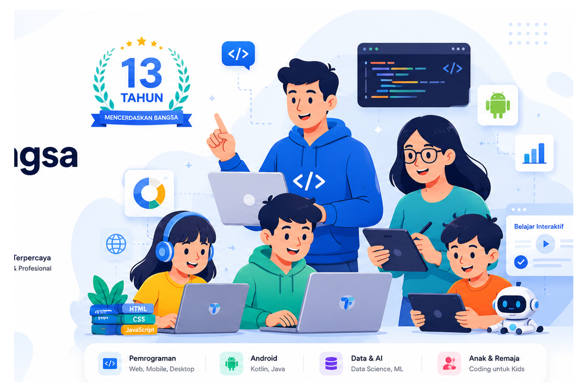 Ilustrasi mentor dan siswa belajar coding, data, AI, Android, dan kelas mapel interaktif di TRAINIT
